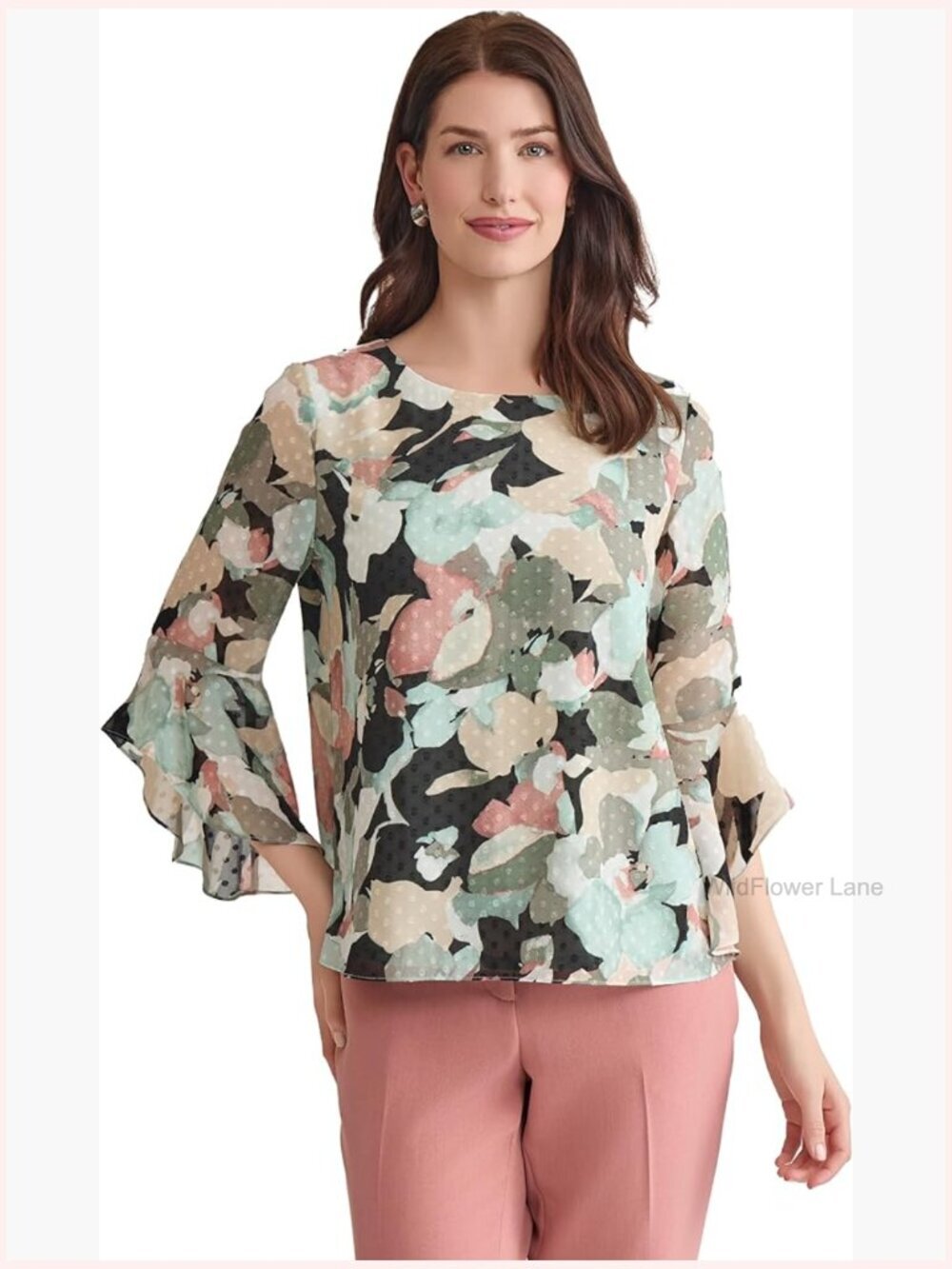 Ruffle Sleeve Printed Chiffon Peasant Top Boat Neck